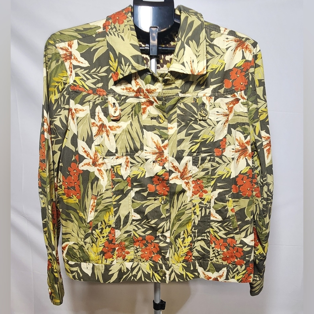 Sharon Young Green and Red Jean Jacket with Tropical Flair-Size XL